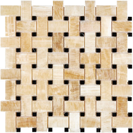 Honey Onyx polished basketweave mosaic tile with black dots for elegant backsplashes and bathroom floors.