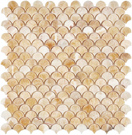 Honey Onyx polished fan (fish-scale) mosaic tile for elegant kitchen backsplashes and bathroom accents.