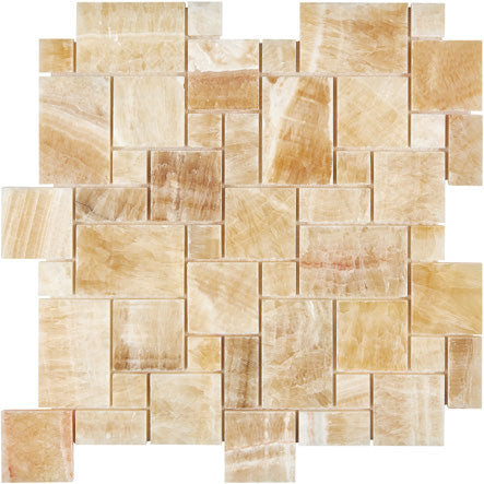 Honey Onyx polished mini Versailles mosaic tile for elegant backsplashes and bathroom floors.