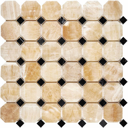 Honey Onyx polished octagonal mosaic tile with black accents for elegant backsplashes and bathroom floors.