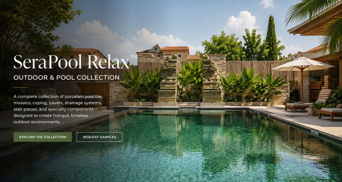 Luxury residential swimming pool featuring SeraPool Relax full-body porcelain tiles in a modern outdoor setting.