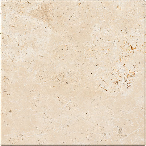 Ivory Travertine tumbled 12 x 12 tile with beige tones for rustic showers and decorative walls.