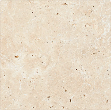 Ivory Travertine tumbled 18 x 18 tile with beige tones for rustic bathrooms and expansive designs.