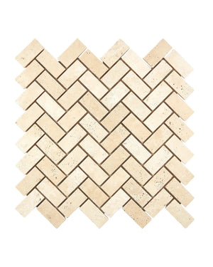 Ivory Travertine Mosaic 1x2 Herringbone Tile with Tumbled Finish for Rustic Backsplashes, Walls, and Floors