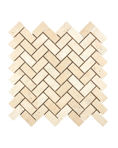 Ivory Travertine Mosaic 1x2 Herringbone Tile with Tumbled Finish for Rustic Backsplashes, Walls, and Floors