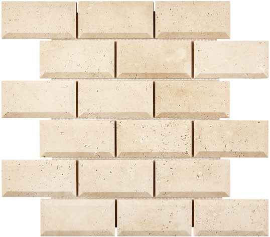 Ivory Travertine 2 x 4 deep beveled mosaic tile honed finish for elegant backsplashes and accent walls.