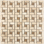 Small format Ivory Travertine pinwheel mosaic tile in tumbled finish for backsplashes and walls.