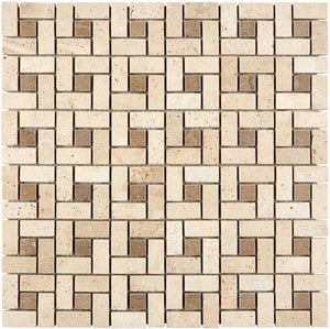 Small format Ivory Travertine pinwheel mosaic tile in tumbled finish for backsplashes and walls.