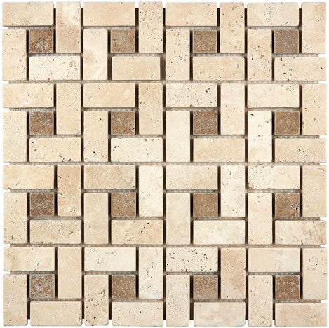 Large format Ivory Travertine pinwheel mosaic tile with tumbled texture for elegant flooring and accents.