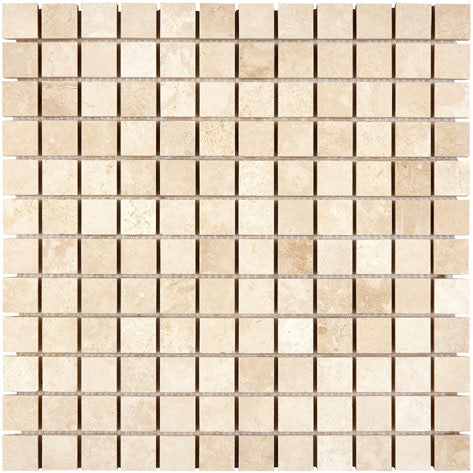 Ivory Travertine 1 x 1 mosaic tile honed finish for elegant backsplashes and bathroom walls.