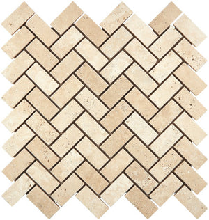 1×2 Herringbone Mosaic showing tumbled warm ivory-beige Ivory Travertine.