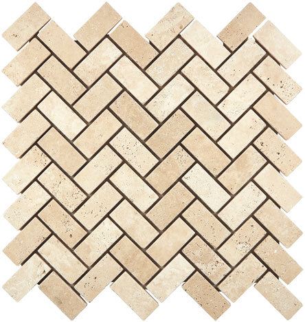 1×2 Herringbone Mosaic showing tumbled warm ivory-beige Ivory Travertine.