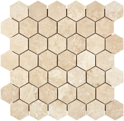 Ivory Travertine 2-inch hexagon mosaic tile honed finish for elegant bathroom walls and backsplashes.