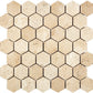 Ivory Travertine tumbled hexagon mosaic with soft beige tones for rustic shower floors and accent walls.