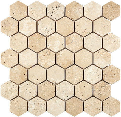 2-Inch Hexagon Mosaic showing tumbled warm ivory-beige Ivory Travertine.