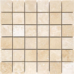 Ivory Travertine 2 x 2 mosaic tile honed finish for elegant kitchen backsplashes and bathroom walls.