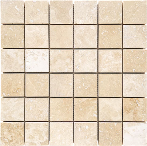 Ivory Travertine 2 x 2 mosaic tile honed finish for elegant kitchen backsplashes and bathroom walls.
