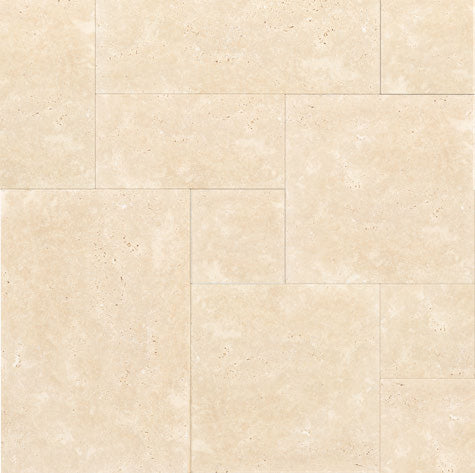 Ivory Travertine Versailles pattern tile set honed finish for elegant flooring and wall designs.