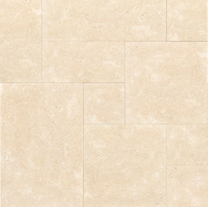 Ivory Travertine Versailles pattern tile set honed finish for elegant flooring and wall designs.