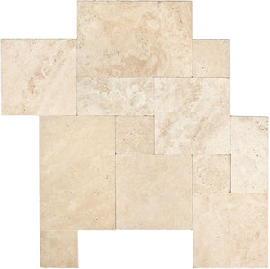 Brushed & Chiseled Versailles Set showing chiseled-edge and brushed warm ivory-beige Ivory Travertine.