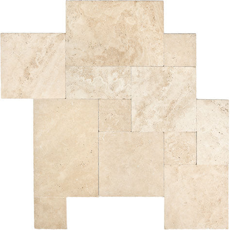 Brushed & Chiseled Versailles Set showing chiseled-edge and brushed warm ivory-beige Ivory Travertine.