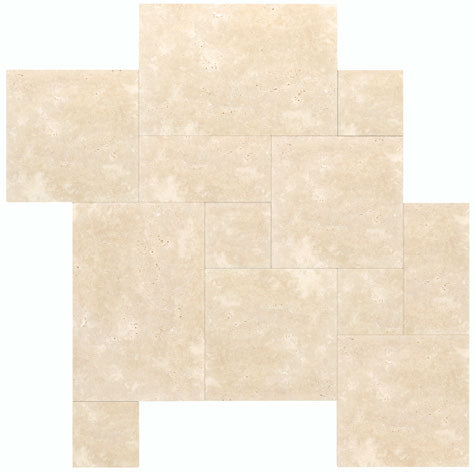 Ivory Travertine Versailles pattern tile set honed finish for exterior design choices, pool surroundings and cladding.