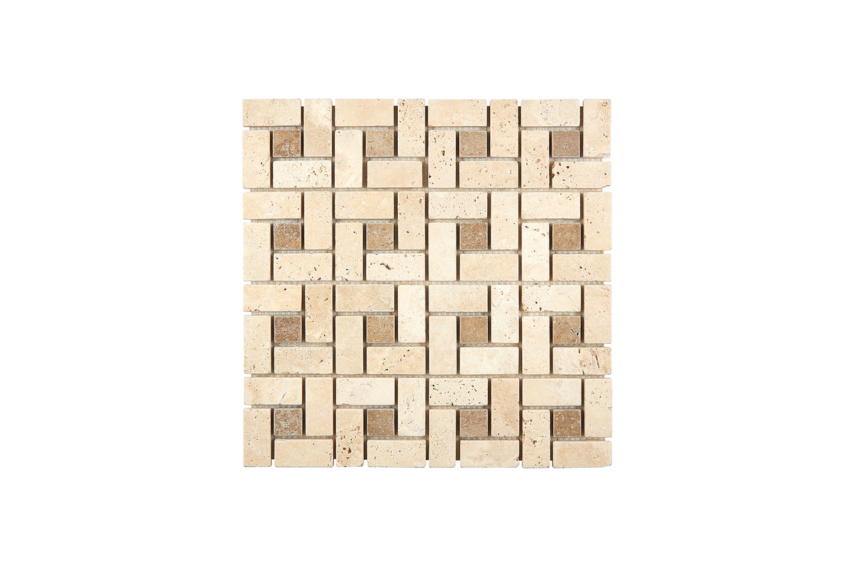 Ivory Travertine large pinwheel mosaic in a tumbled finish with Noce Travertine accent dots.