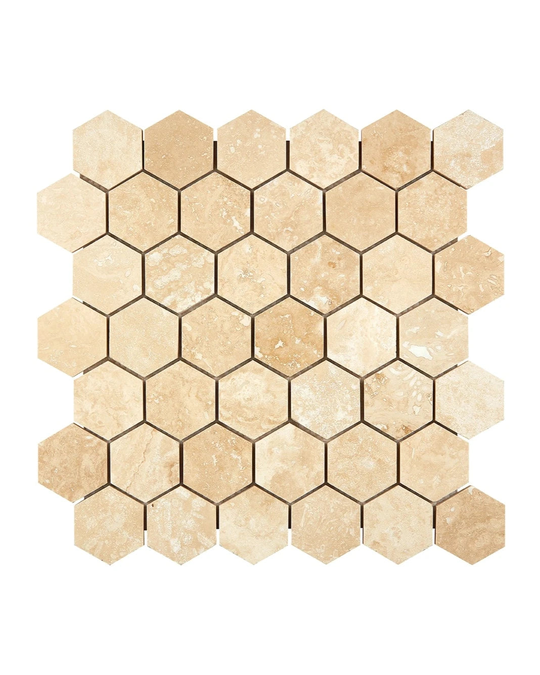 2-Inch Hexagon Mosaic showing honed warm ivory-beige Ivory Travertine.