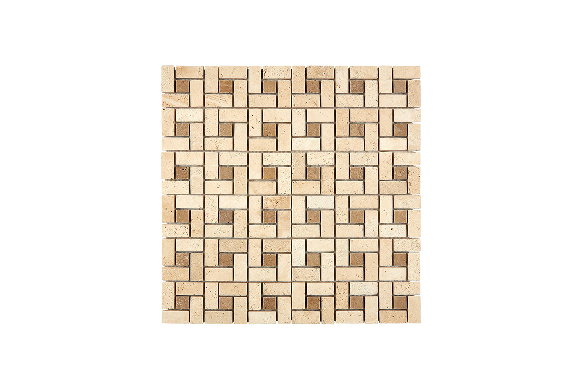 Ivory Travertine small pinwheel mosaic in a tumbled finish with Noce Travertine accent dots.