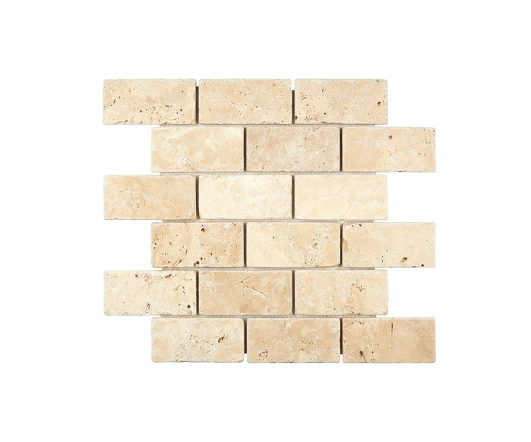 Ivory Travertine 2x4 Tumbled Mosaic Tile - Elegant Beige Stone for Classic Wall and Floor Applications, Suitable for Kitchens, Bathrooms, and Backsplashes