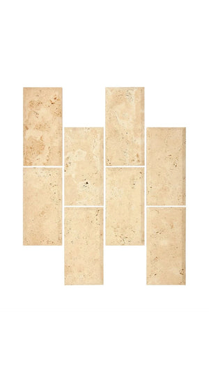 3×6 Subway Tile showing honed and deep-beveled warm ivory-beige Ivory Travertine.