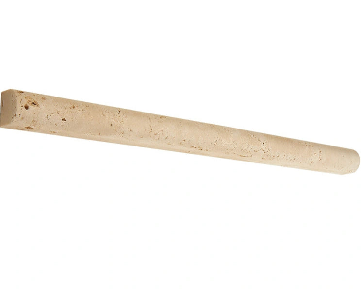 Ivory Travertine Pencil Liner 1/2x12 with smooth finish and beige tones. Decorative tile, Floor tile, Wall tile, Ceiling tile, Powder Room