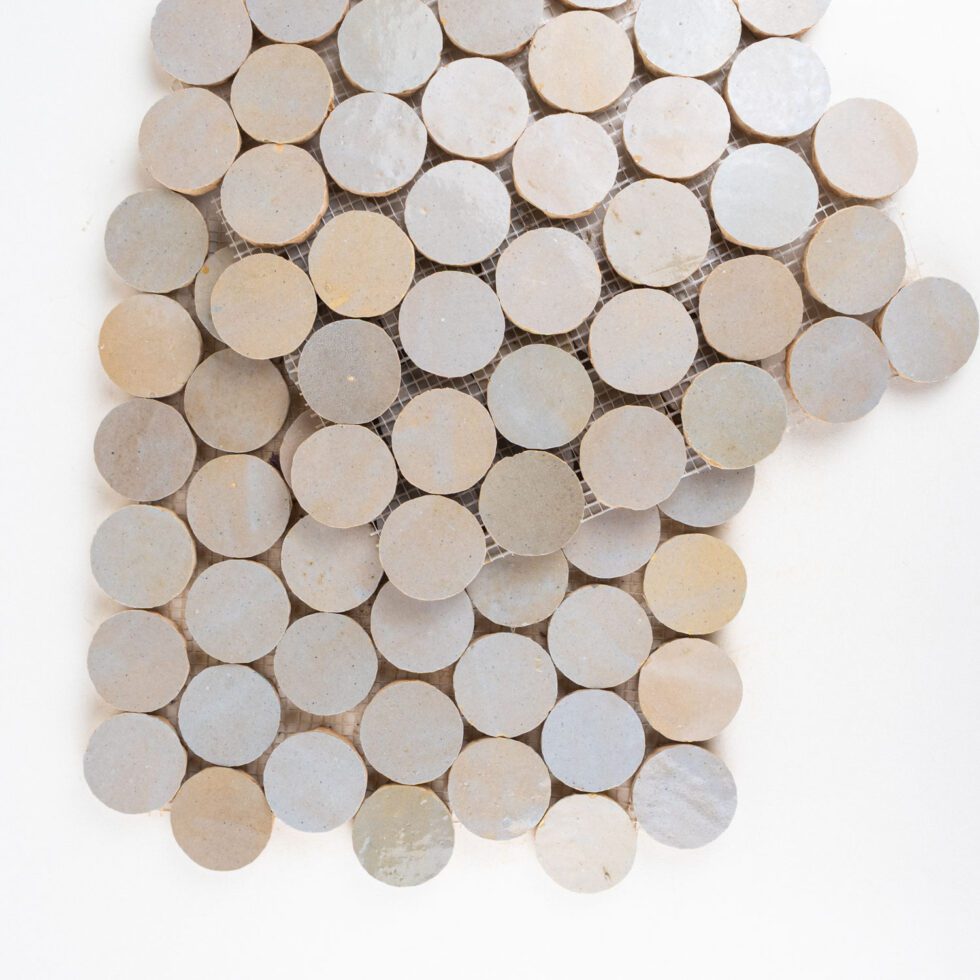 Close-up of a zellige mosaic tile pattern with circular zellige chips on a white background