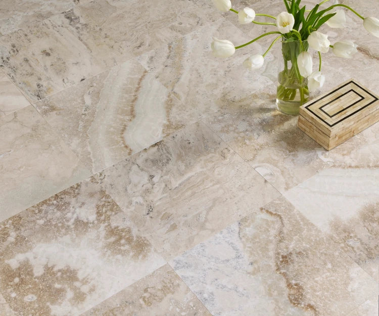 LaTravonya Travertine Onyx close-up highlighting its distinct onyx patterns with earthy tones, offering a refined option for upscale tile and stone projects.
