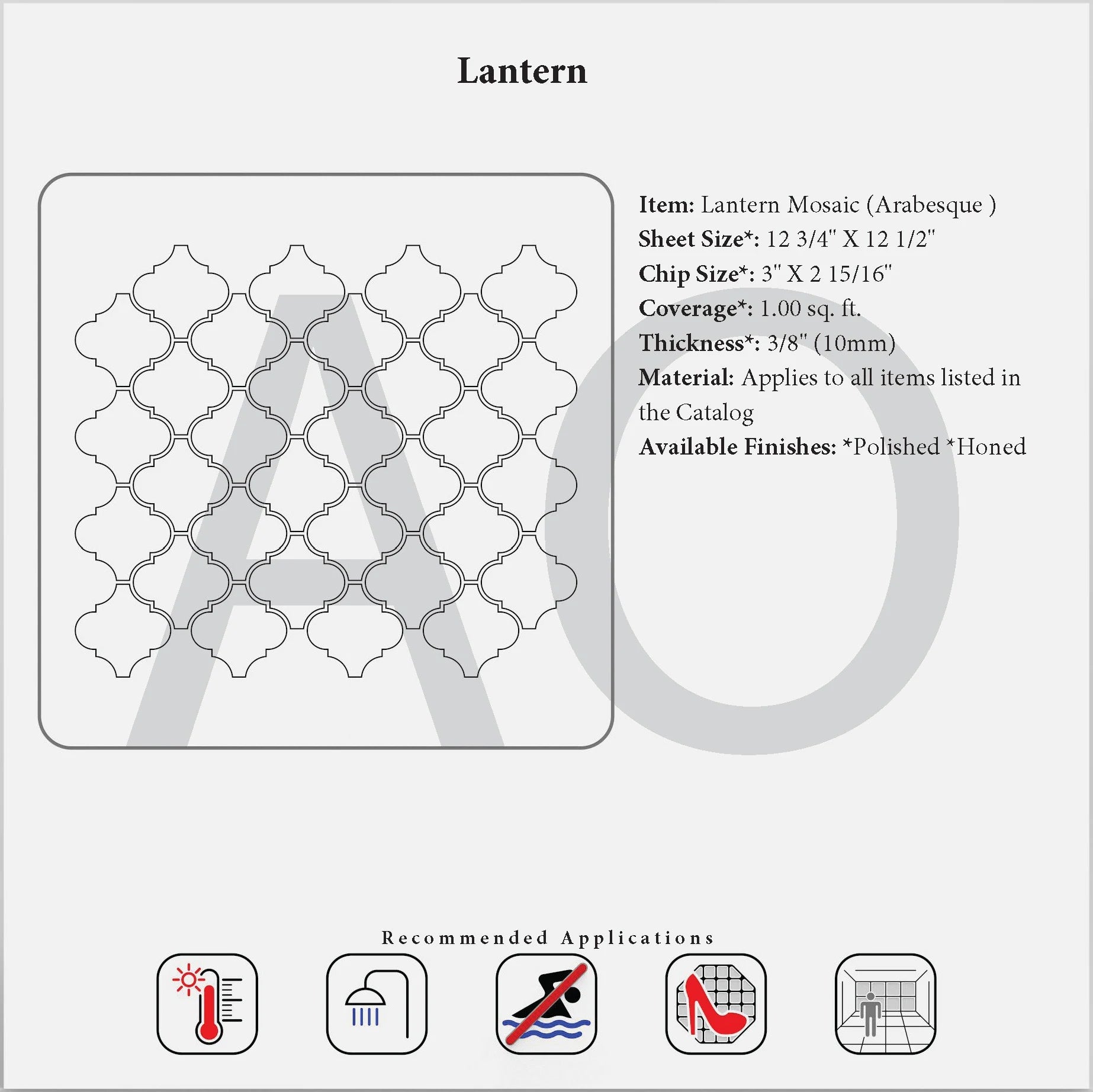 Lantern arabesque mosaic tile sheet, 12 3/4 x 12 1/2 inches, featuring 3 x 2 15/16 inch chip size. Covers 1 sq. ft. with a 3/8 inch thickness, available in polished and honed finishes. Ideal for high-temperature areas, wall installations, and interior decorative flooring.