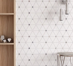 Featured wall with Ethereal Miki Mosaic Tile – 11”x13” Soft Pearl and Marble Blend for Serene Interiors.