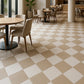 Modern open-floor restaurant interior featuring an ivory and beige porcelain checkerboard floor with minimal furniture.