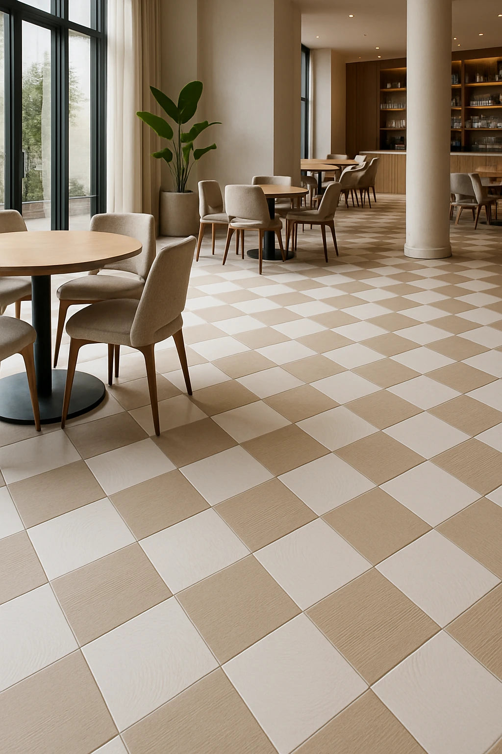 Modern open-floor restaurant interior featuring an ivory and beige porcelain checkerboard floor with minimal furniture.