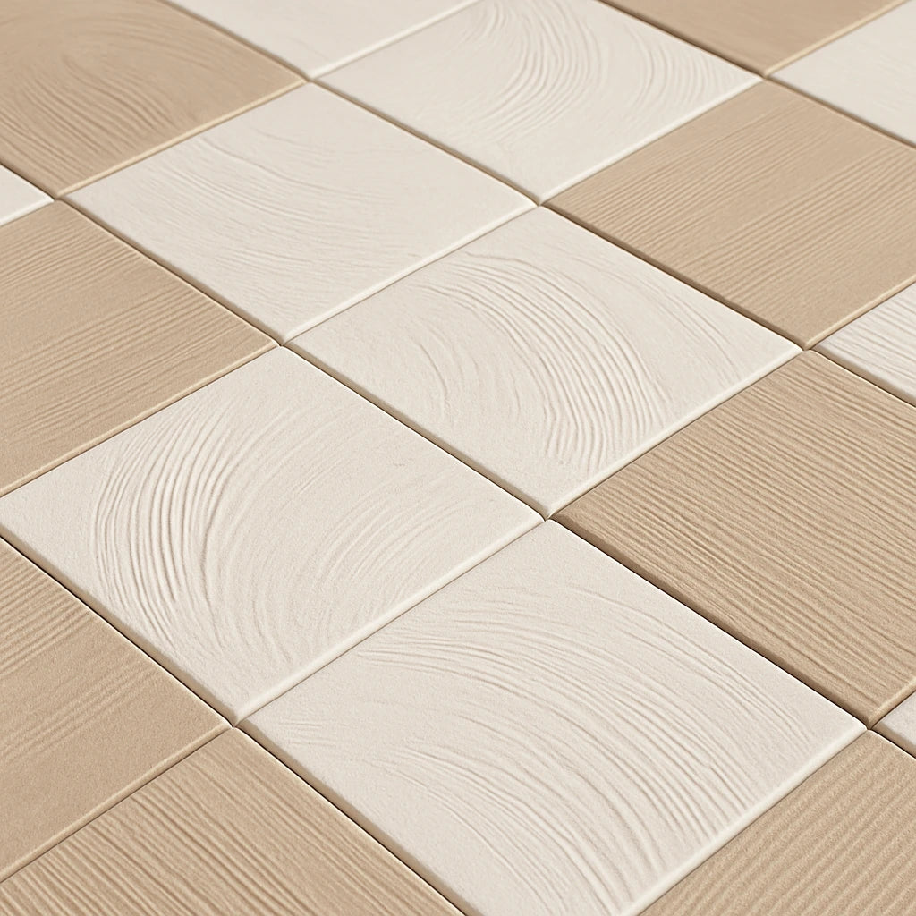 Angled close-up of alternating ivory and beige textured porcelain tiles highlighting swirl and linear surface details.