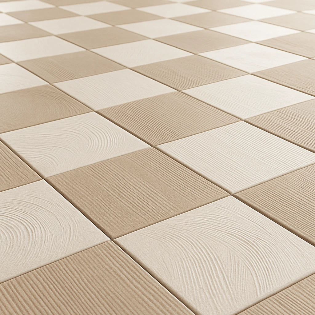 Wide 45-degree view of a porcelain checkerboard floor in ivory and beige, showing depth and repeating tile pattern.