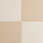 2×2 checkerboard pattern featuring ivory and beige textured porcelain tiles with swirl and linear designs.