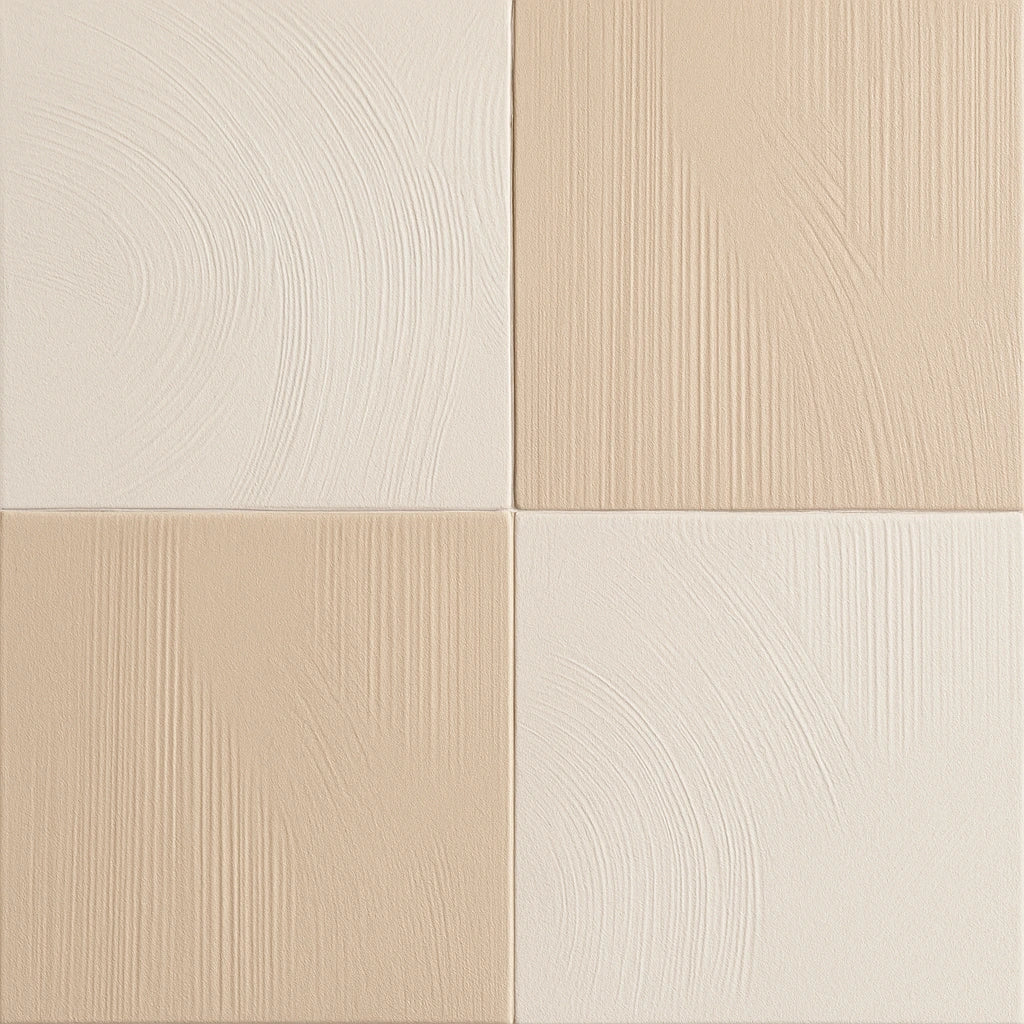 2×2 checkerboard pattern featuring ivory and beige textured porcelain tiles with swirl and linear designs.