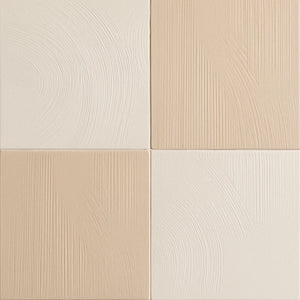 2×2 checkerboard pattern featuring ivory and beige textured porcelain tiles with swirl and linear designs.