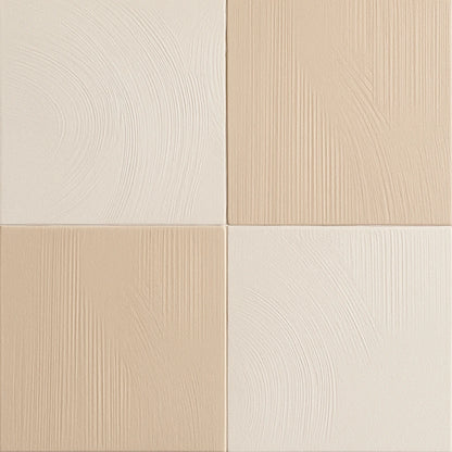 2×2 checkerboard pattern featuring ivory and beige textured porcelain tiles with swirl and linear designs.