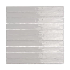 Ash Gray glossy ceramic wall tile in a 2x20 linear design, perfect for sleek interiors.