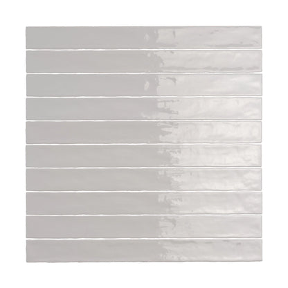 Ash Gray glossy ceramic wall tile in a 2x20 linear design, perfect for sleek interiors.