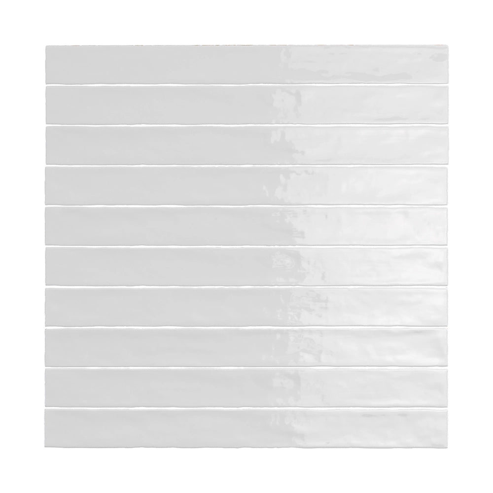 Frost White glossy ceramic wall tile in a sleek 2x20 format, ideal for modern kitchens and bathrooms.