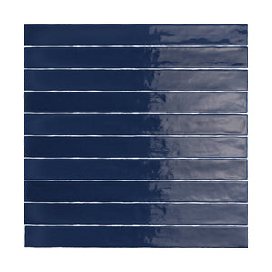 Midnight Blue glossy ceramic tile, 2x20 size, creating dramatic accents in contemporary spaces.