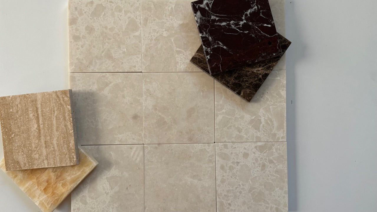 Creamy beige marble tiles featuring subtle veining and a polished finish. Ideal for adding warmth to modern interiors in flooring, walls, and backsplashes.
