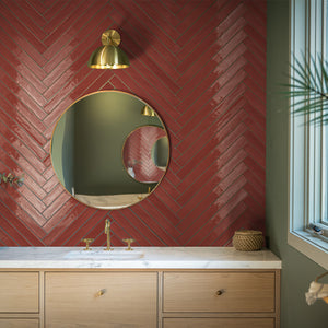 ModLine Rustic Clay 2×20 ceramic wall tile installed in a traditional bathroom.